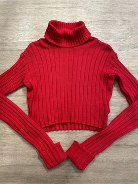 Revamped Bright Red Ribbed Turtleneck Crop Sweater